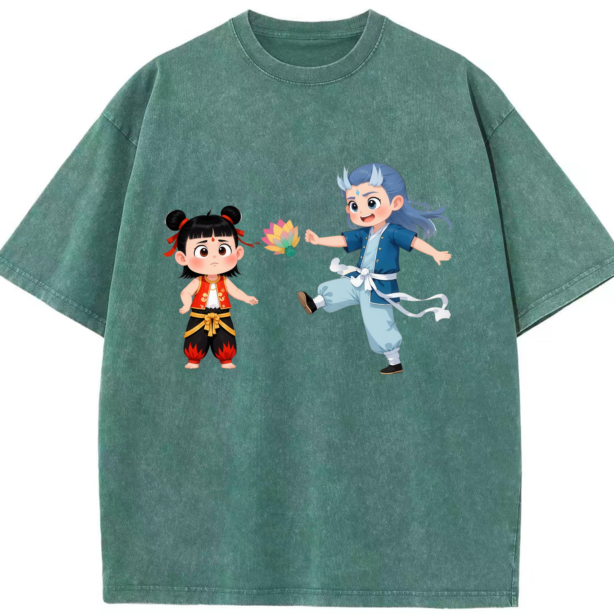 （画像用） Ne Zha 2 ナタ 魔童の大暴れ 綿100% ヴィンテージ風 半袖Tシャツ（フロントプリント）